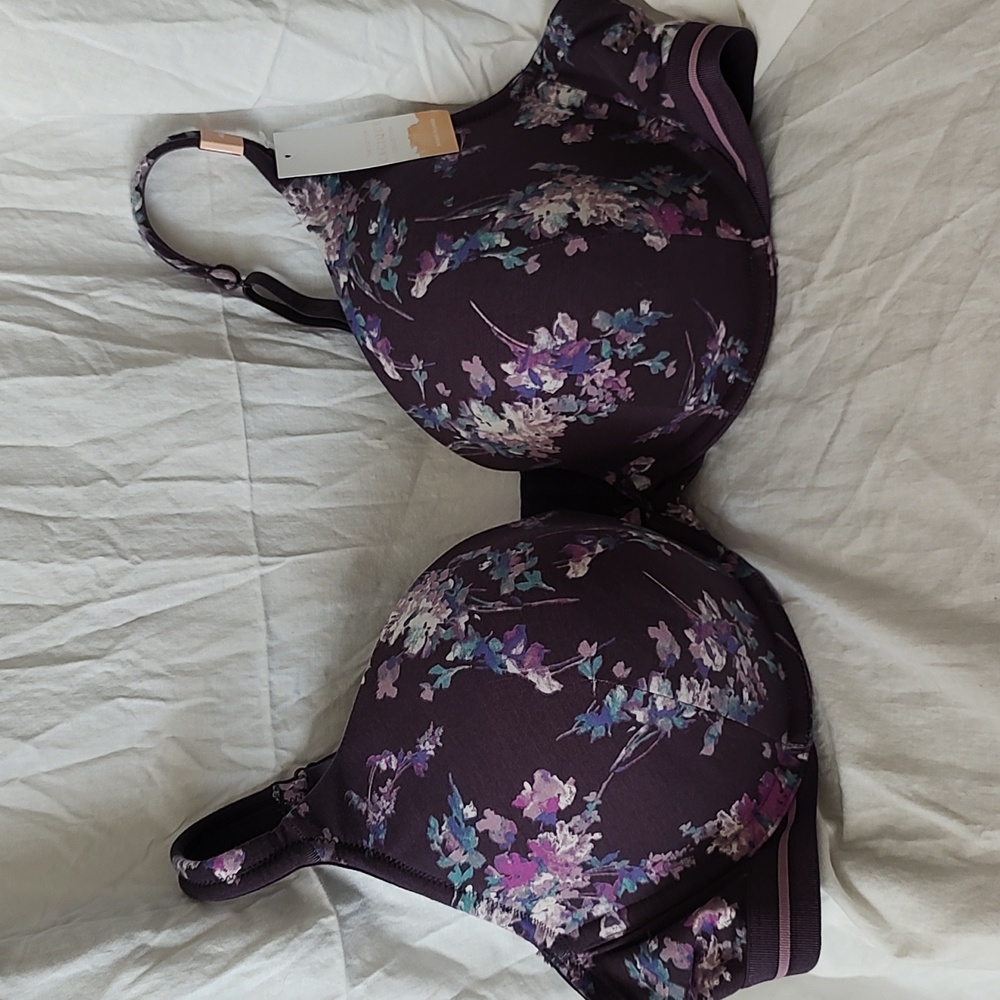 Cacique Cotton Boost Plunge Bra Purple Floral Print 46C NWT